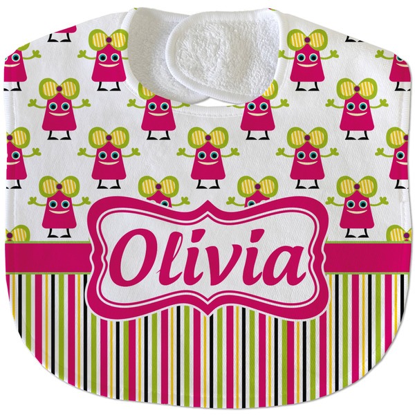 Custom Pink Monsters & Stripes Velour Baby Bib w/ Name or Text