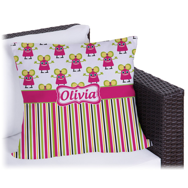 Custom Pink Monsters & Stripes Outdoor Pillow - 18" (Personalized)