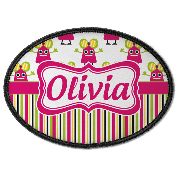 Custom Pink Monsters & Stripes Iron On Oval Patch w/ Name or Text