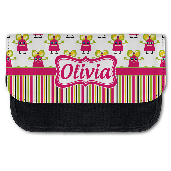 Custom Pink Monsters & Stripes Canvas Pencil Case w/ Name or Text