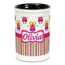 Pink Monsters & Stripes Ceramic Pencil Holders - Black