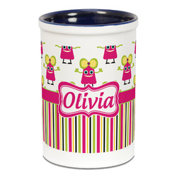 Pink Monsters & Stripes Ceramic Pencil Holders - Blue