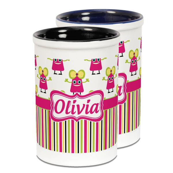 Custom Pink Monsters & Stripes Ceramic Pencil Holder - Large