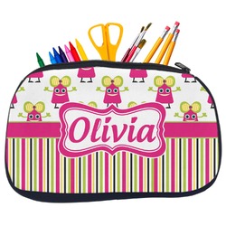 Pink Monsters & Stripes Neoprene Pencil Case - Medium w/ Name or Text