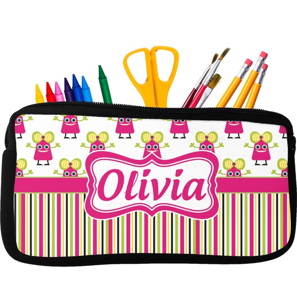 Custom Pink Monsters & Stripes Neoprene Pencil Case - Small w/ Name or Text