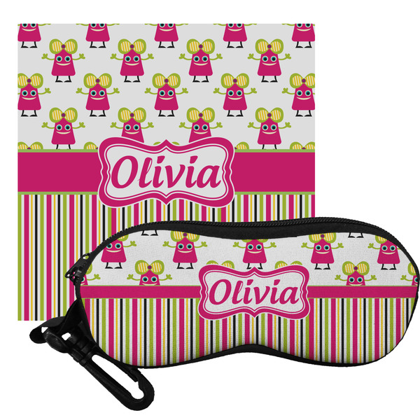 Custom Pink Monsters & Stripes Eyeglass Case & Cloth (Personalized)