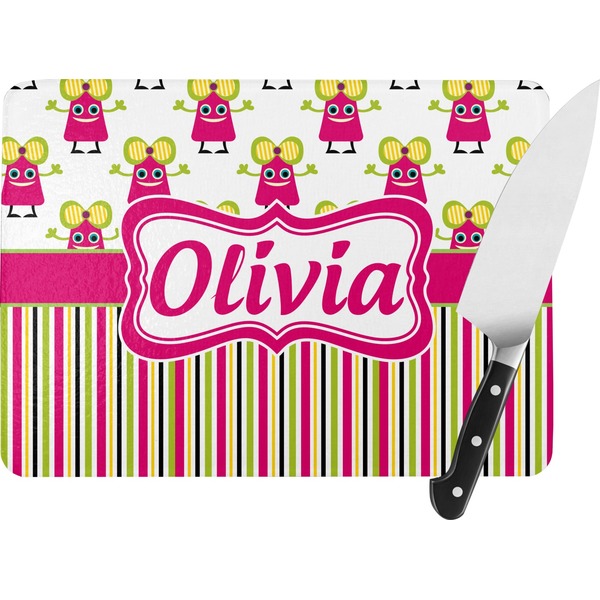 Custom Pink Monsters & Stripes Rectangular Glass Cutting Board - Large - 15.25"x11.25" w/ Name or Text