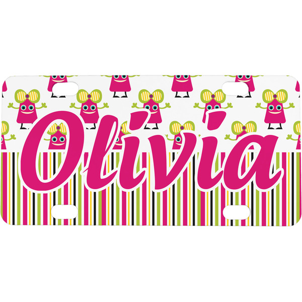 Custom Pink Monsters & Stripes Mini / Bicycle License Plate (4 Holes) (Personalized)