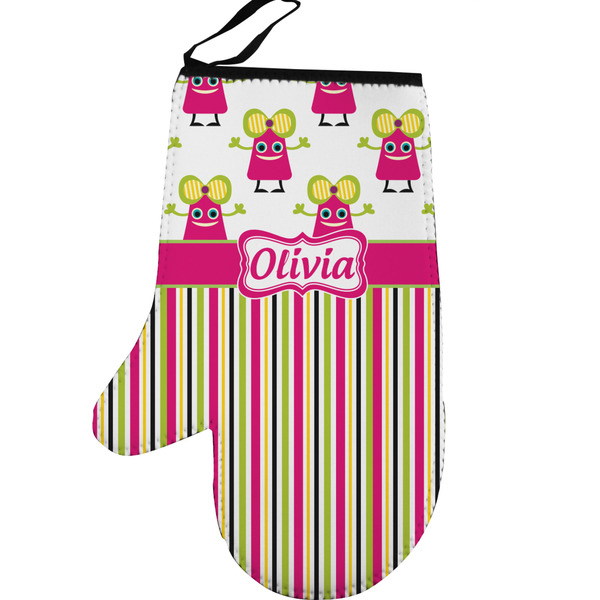 Custom Pink Monsters & Stripes Left Oven Mitt (Personalized)