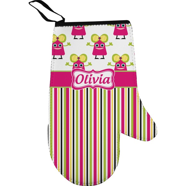 Custom Pink Monsters & Stripes Right Oven Mitt (Personalized)
