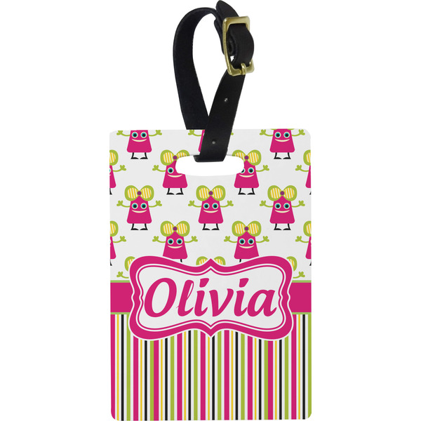 Custom Pink Monsters & Stripes Plastic Luggage Tag - Rectangular w/ Name or Text