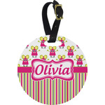 Pink Monsters & Stripes Plastic Luggage Tag - Round (Personalized)