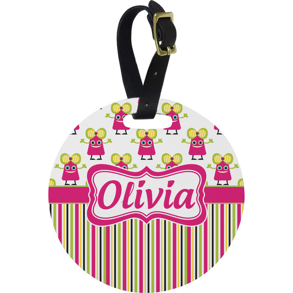 Custom Pink Monsters & Stripes Plastic Luggage Tag - Round (Personalized)