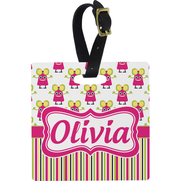 Custom Pink Monsters & Stripes Plastic Luggage Tag - Square w/ Name or Text