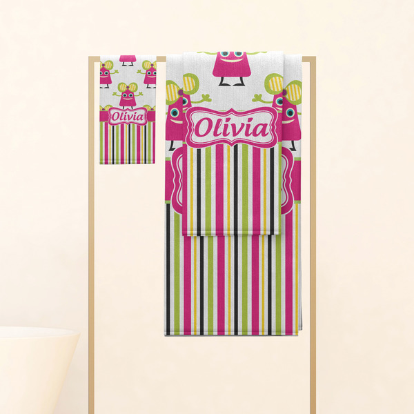 Pink Monsters & Stripes Personalized Towel Set