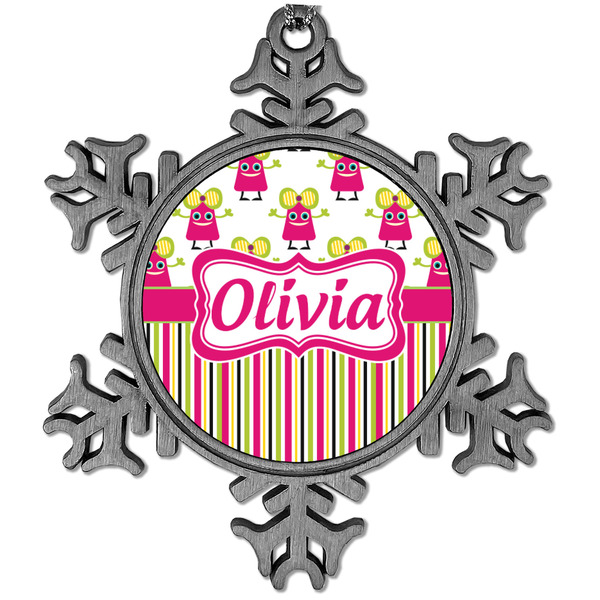 Custom Pink Monsters & Stripes Vintage Snowflake Ornament (Personalized)