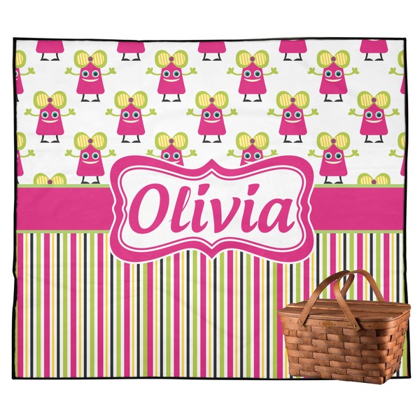 Custom Pink Monsters & Stripes Outdoor Picnic Blanket (Personalized)