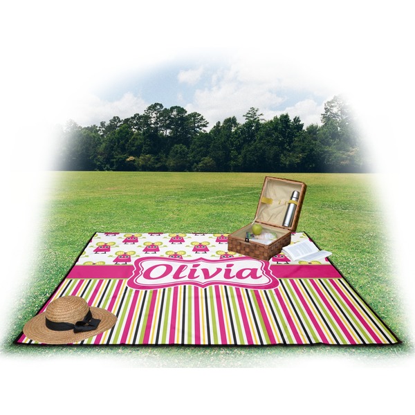 Pink Monsters & Stripes Picnic Blanket - with Basket Hat and Book - in Use