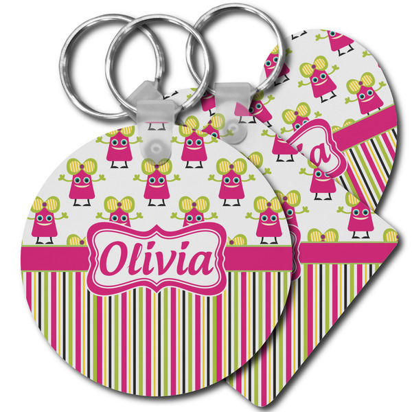 Custom Pink Monsters & Stripes Plastic Keychain (Personalized)