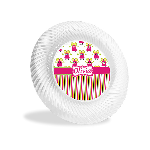 Custom Pink Monsters & Stripes Plastic Party Appetizer & Dessert Plates - 6" (Personalized)