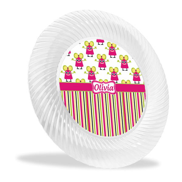 Custom Pink Monsters & Stripes Plastic Party Dinner Plates - 10" (Personalized)