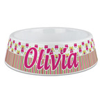 Pink Monsters & Stripes Plastic Dog Bowl - Large (Personalized)