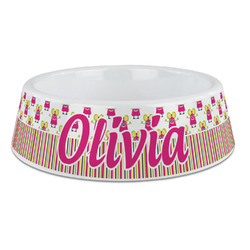 Pink Monsters & Stripes Plastic Dog Bowl - Large (Personalized)