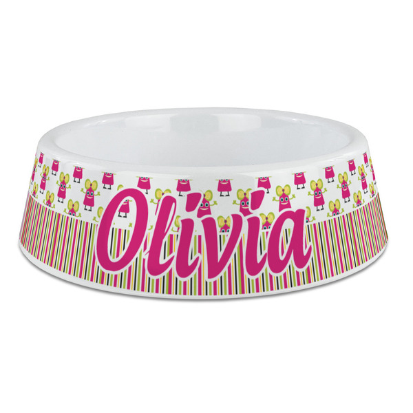 Custom Pink Monsters & Stripes Plastic Dog Bowl - Large (Personalized)