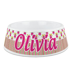Pink Monsters & Stripes Plastic Dog Bowl (Personalized)