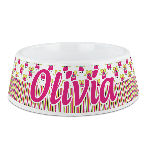 Custom Pink Monsters & Stripes Plastic Dog Bowl (Personalized)