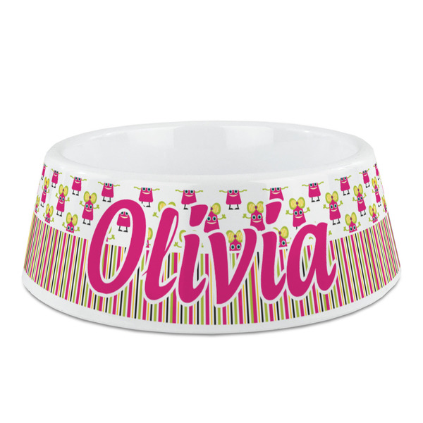 Custom Pink Monsters & Stripes Plastic Dog Bowl - Medium (Personalized)