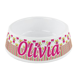 Pink Monsters & Stripes Plastic Dog Bowl - Small (Personalized)