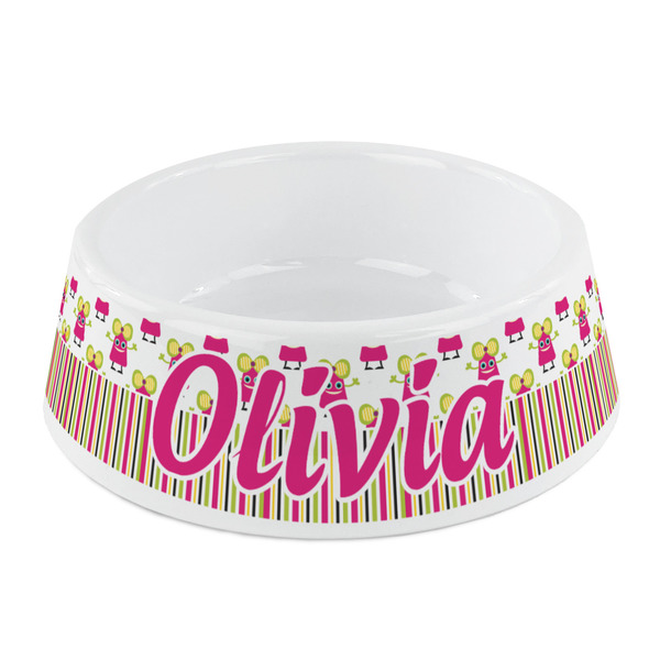 Custom Pink Monsters & Stripes Plastic Dog Bowl - Small (Personalized)