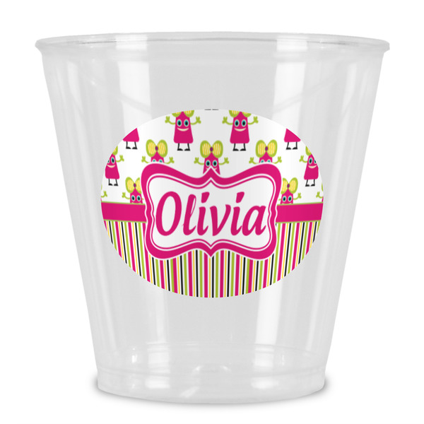 Custom Pink Monsters & Stripes Plastic Shot Glass (Personalized)