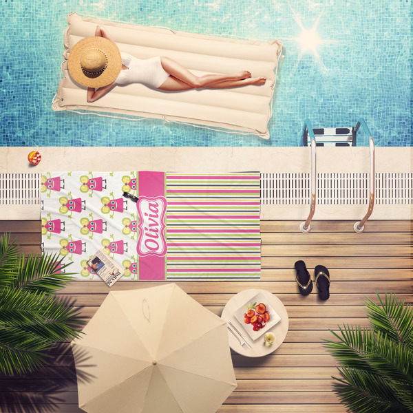 Pink Monsters & Stripes Pool Towel Lifestyle