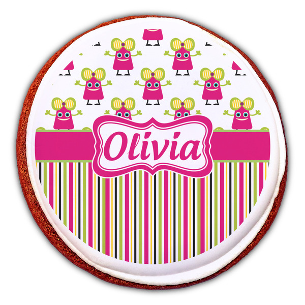 Pink Monsters & Stripes Printed Icing Circle - Large - On Cookie