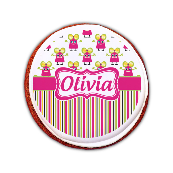 Pink Monsters & Stripes Printed Icing Circle - Small - On Cookie