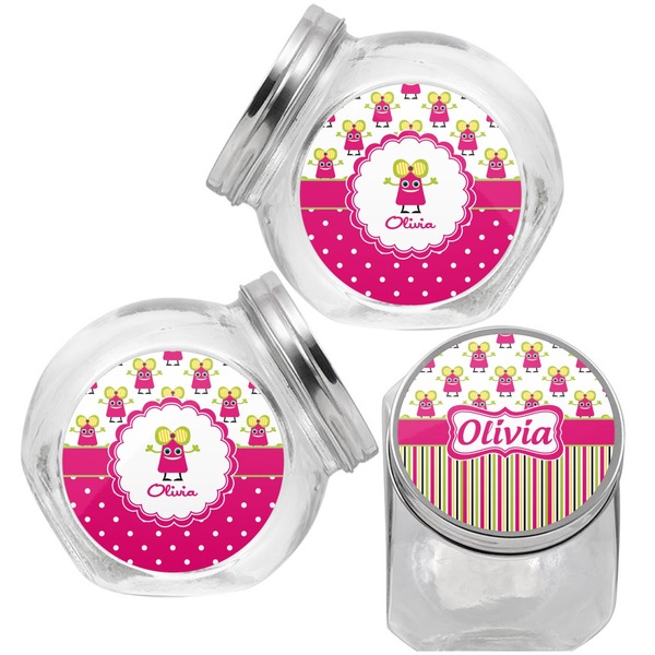 Pink Monsters & Stripes Puppy Treat Jar - Top Left Right