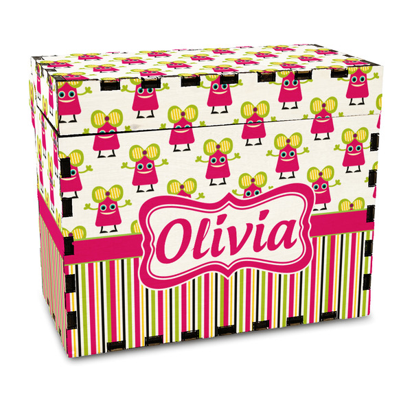 Custom Pink Monsters & Stripes Wood Recipe Box - Full Color Print (Personalized)