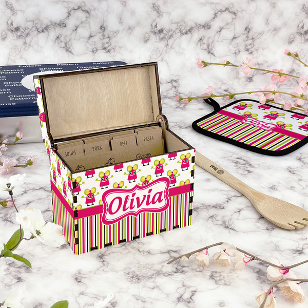 Pink Monsters & Stripes Recipe Box - Full Color - In Context