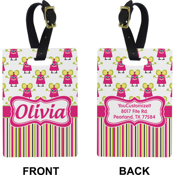 Pink Monsters & Stripes Rectangle Luggage Tag (Front + Back)