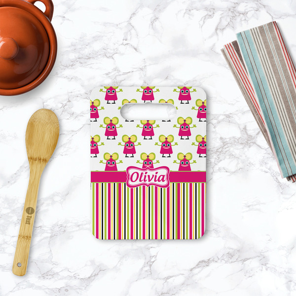 Pink Monsters & Stripes Rectangle Trivet with Handle - LIFESTYLE