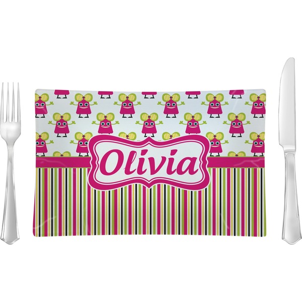Custom Pink Monsters & Stripes Rectangular Glass Lunch / Dinner Plate - Single or Set (Personalized)