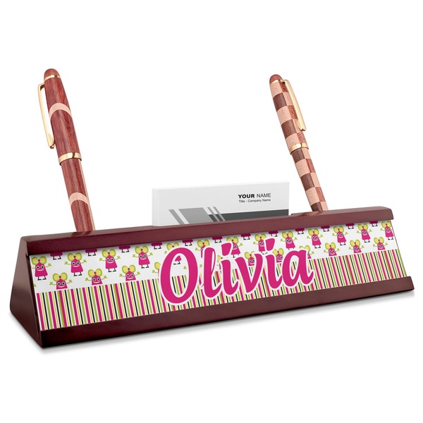 Custom Pink Monsters & Stripes Red Mahogany Nameplate with Business Card Holder (Personalized)