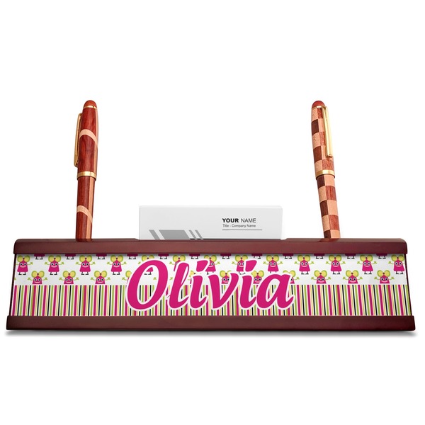 Pink Monsters & Stripes Red Mahogany Nameplates with Business Card Holder - Straight