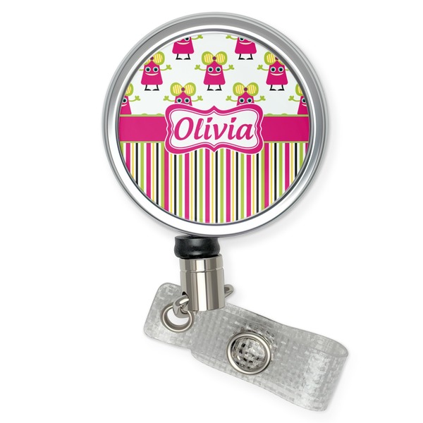 Custom Pink Monsters & Stripes Retractable Badge Reel (Personalized)