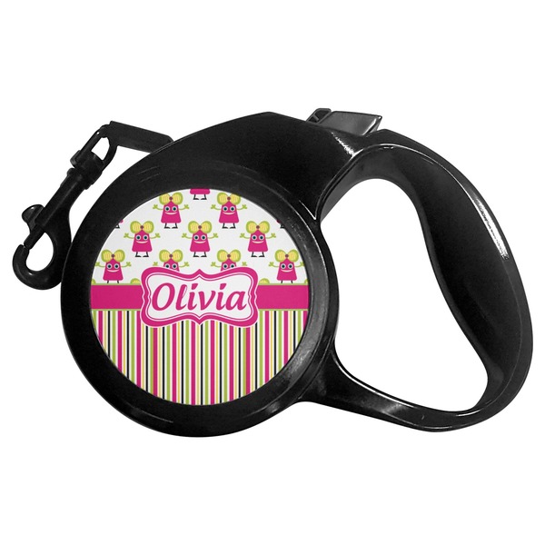 Custom Pink Monsters & Stripes Retractable Dog Leash - Large (Personalized)