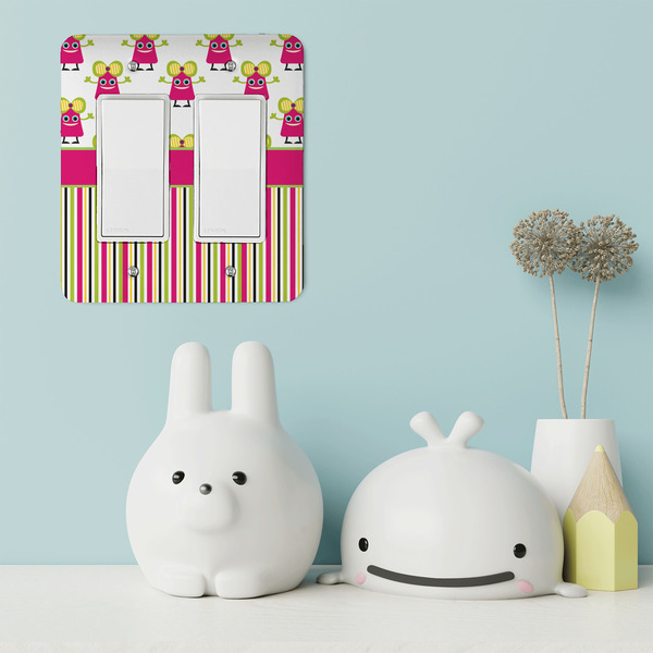Pink Monsters & Stripes Rocker Light Switch Covers - Double - IN CONTEXT