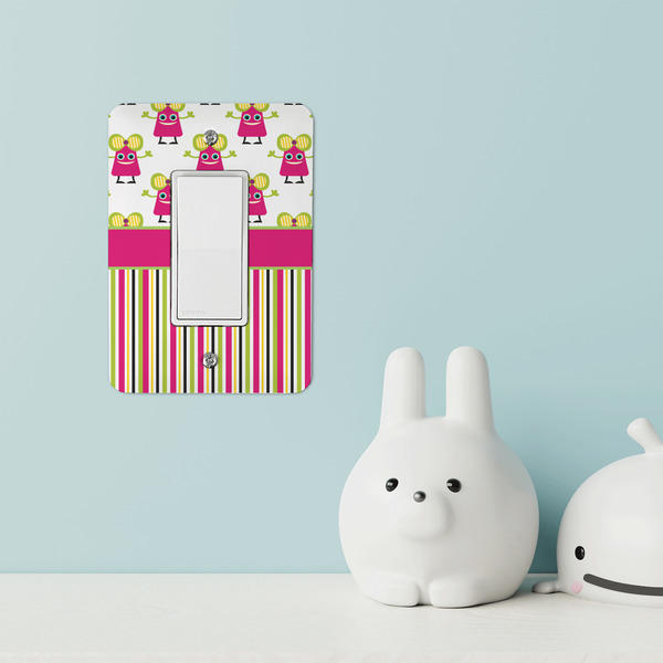 Pink Monsters & Stripes Rocker Light Switch Covers - Single - IN CONTEXT