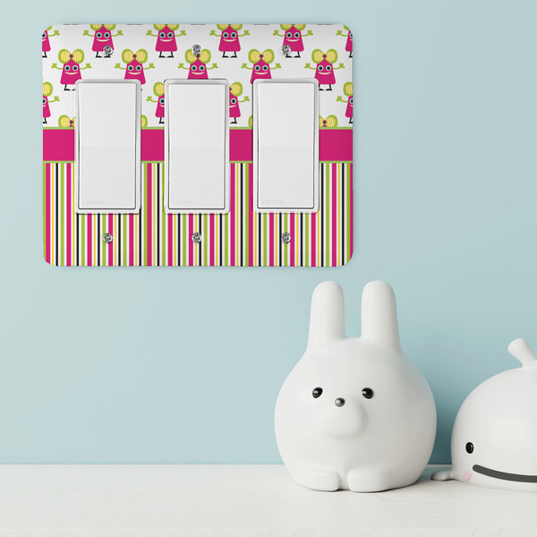 Pink Monsters & Stripes Rocker Light Switch Covers - Triple - IN CONTEXT